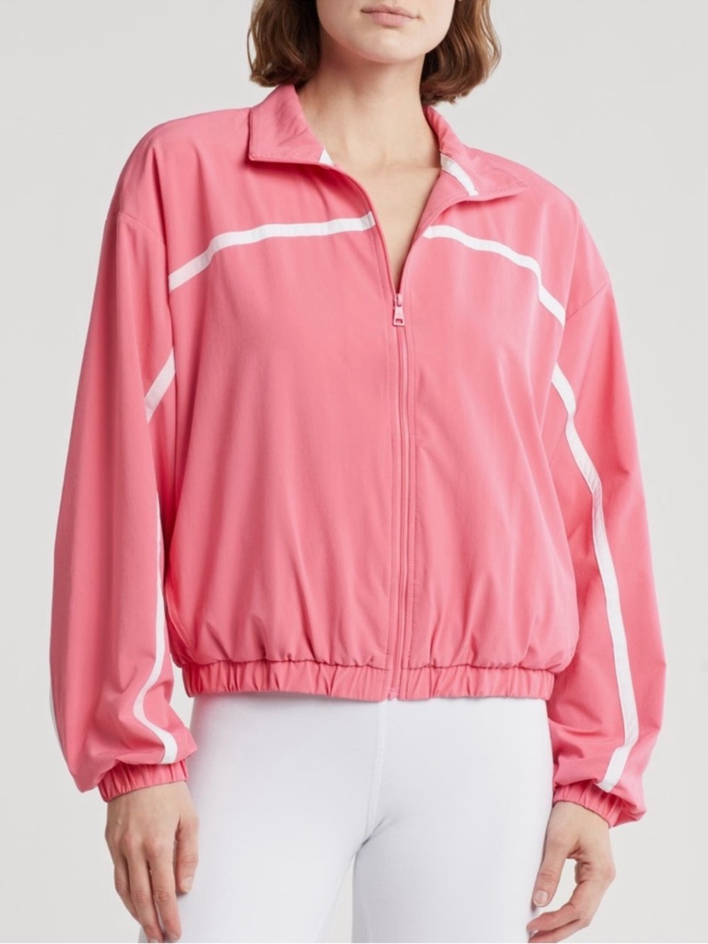 NWT💗Beyond yoga L go retro track jacket Pink Zip Bomber Jacket with White Piping